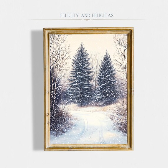 Snowy Winter Forest Path Tall Evergreens Falling Snow Scene Poster