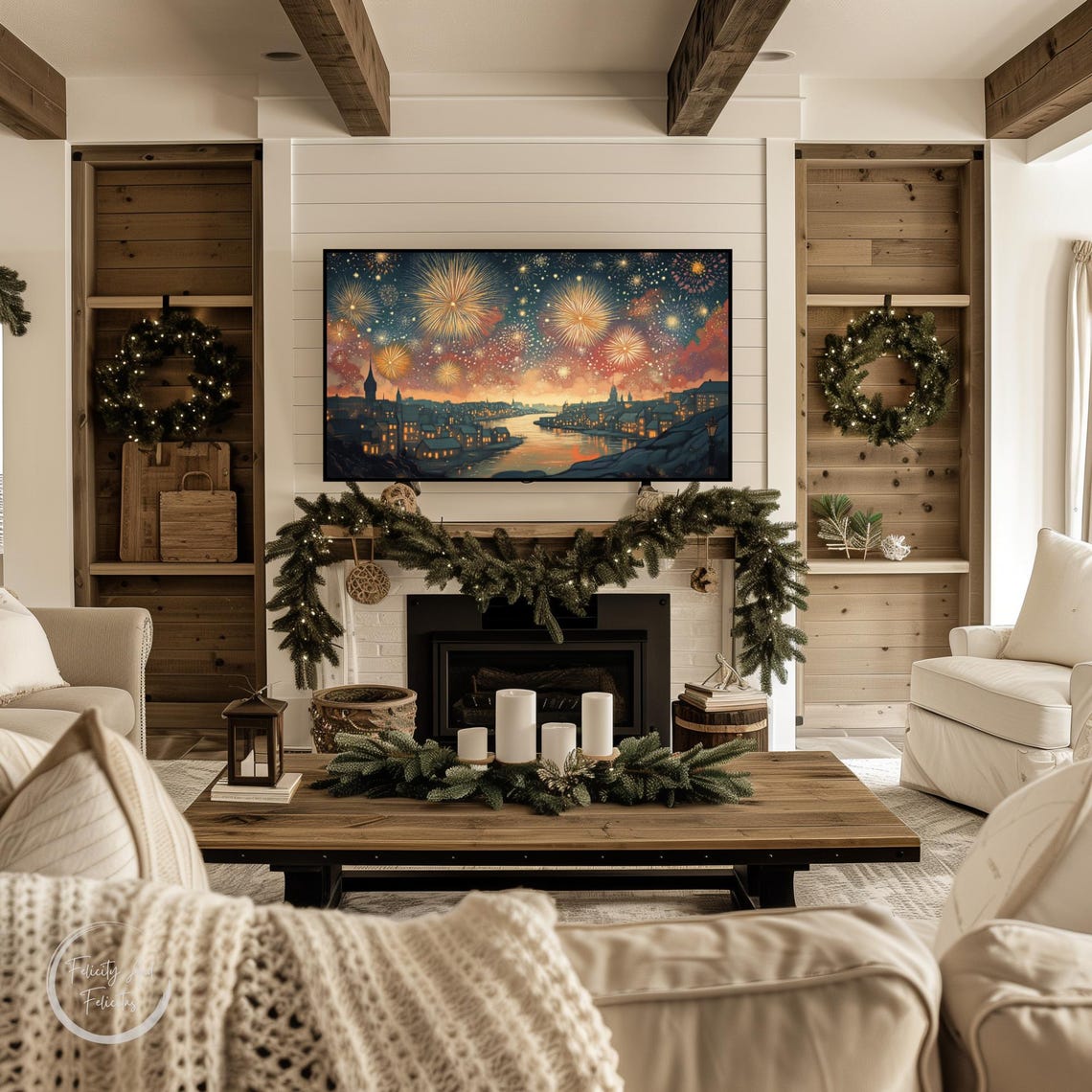 Fireworks Night Riverside Town Golden Sky Reflection Wall Art - Image 4