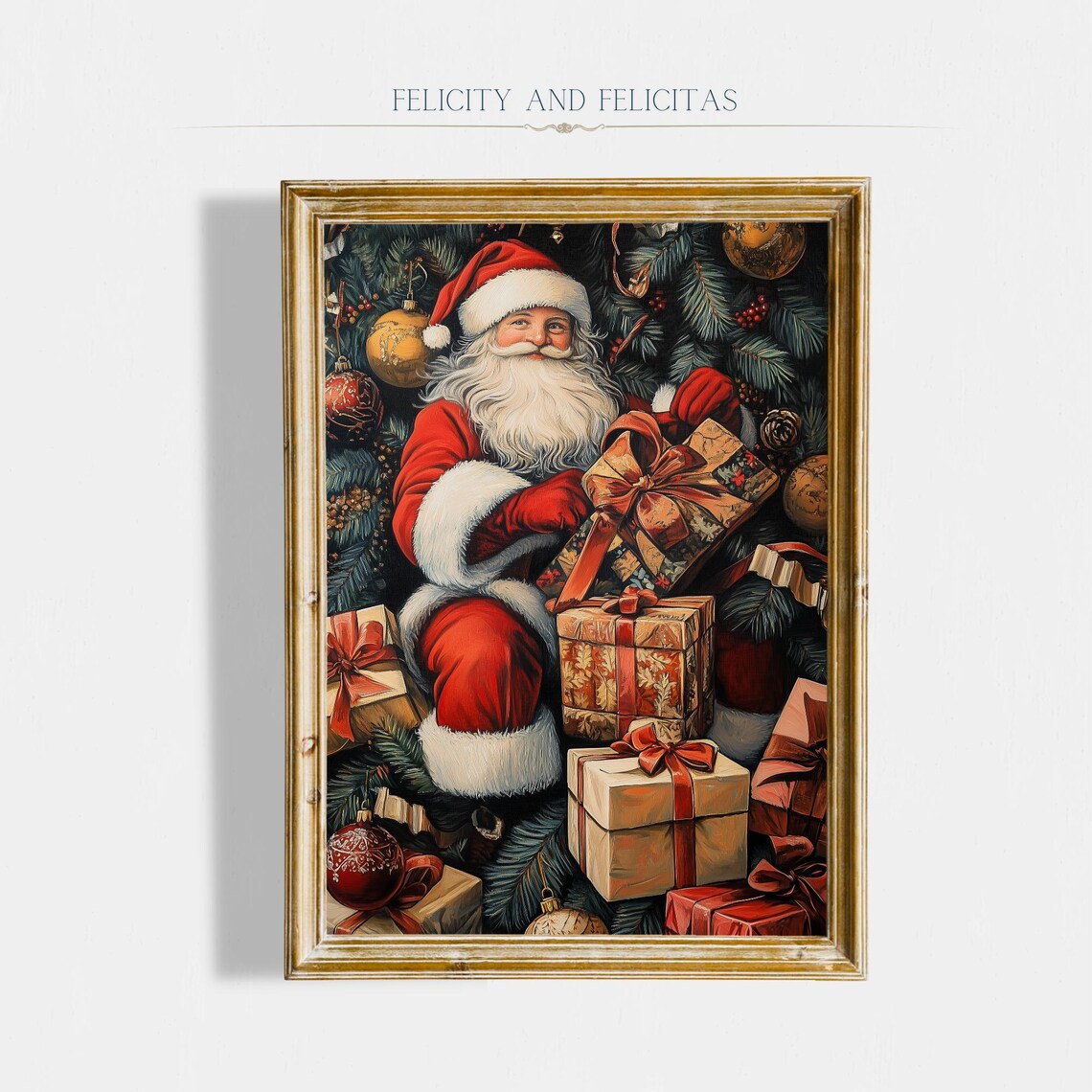 Vintage Santa Claus Gifts Evergreen Branches Holiday Portrait Poster