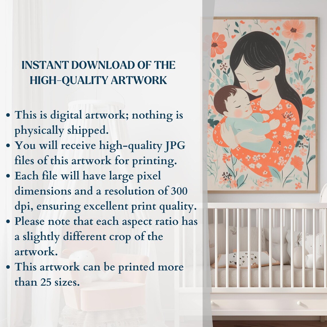 Mother And Baby Floral Motherhood Nursery Kids Room Wall Art - Image 2