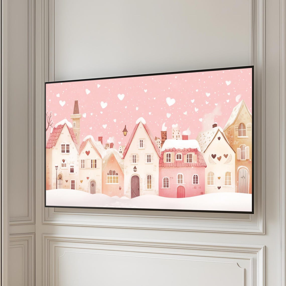 Blush Pink Winter Village with Falling Hearts Frame TV Art Poster - Image 5