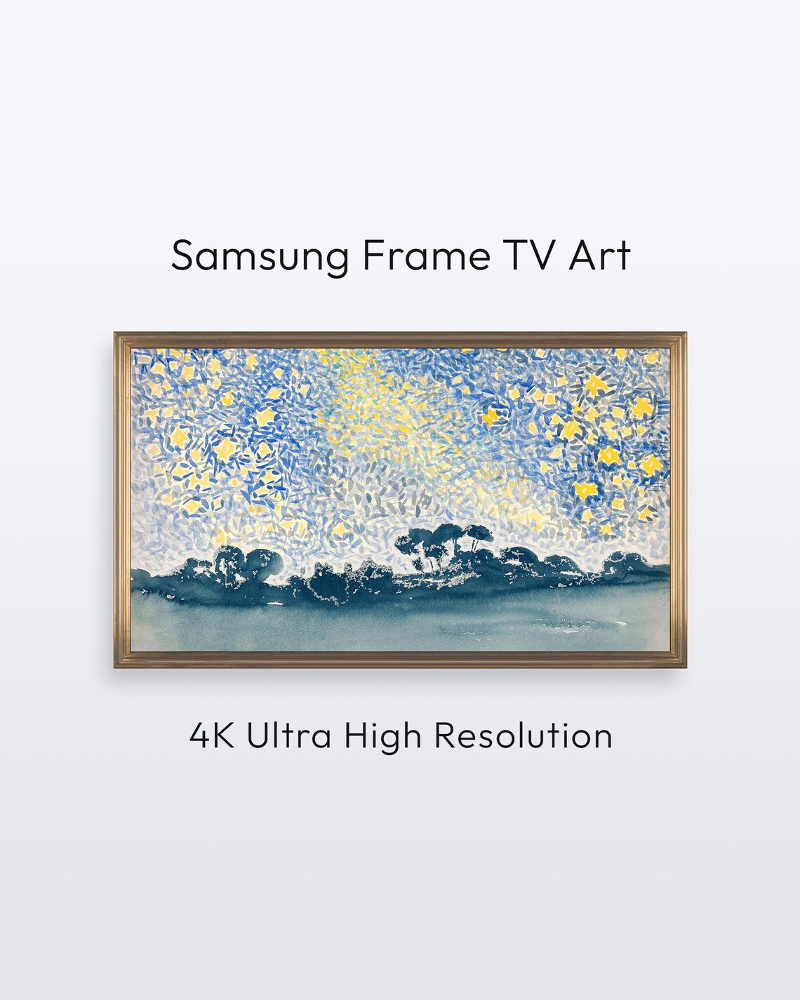 Starry Night Sky Pointillist Golden Stars Tree Line Landscape Poster