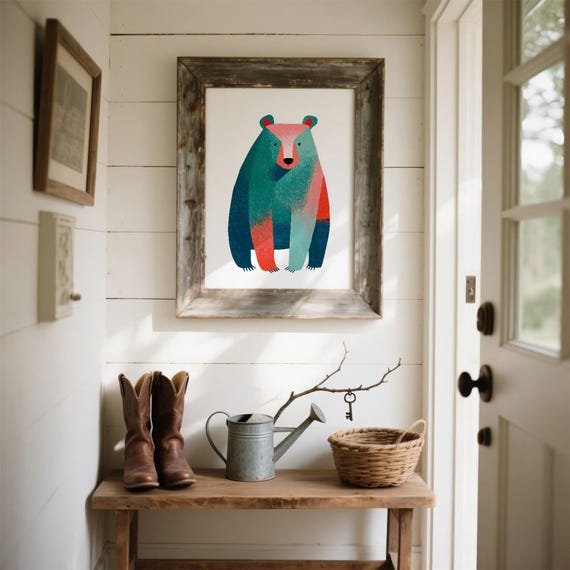 Modern Abstract Bear Print Geometric Animal Art Midcentury Inspired Teal Pink Orange Wall Decor Childs Room