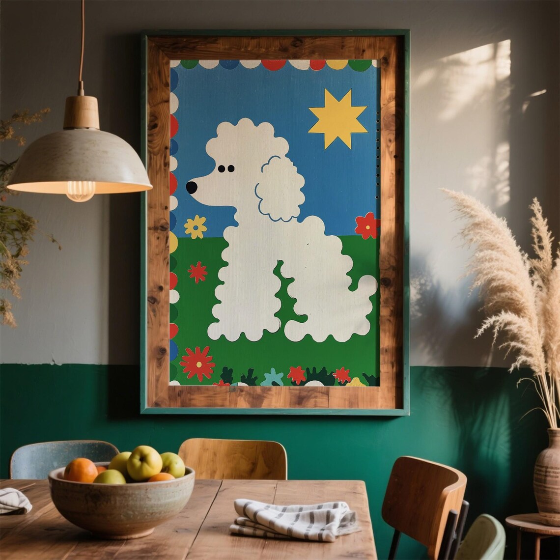 White Poodle Folk Art Star Blue Sky Colorful Retro Dog Nursery Poster