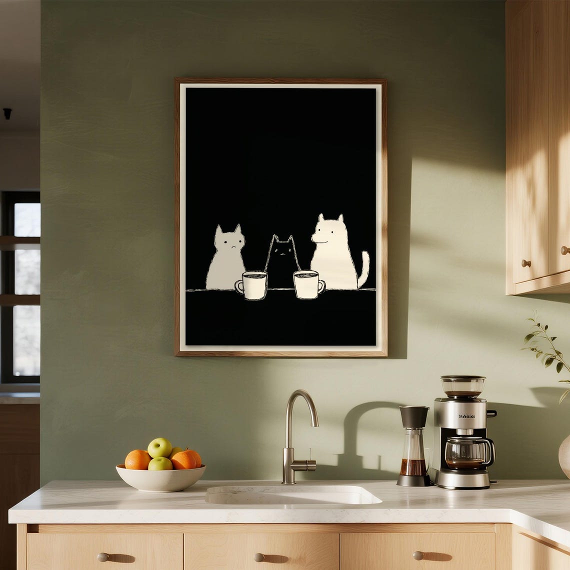 Minimalist Pets Coffee Cups Black White Cute Animal Buddies Poster