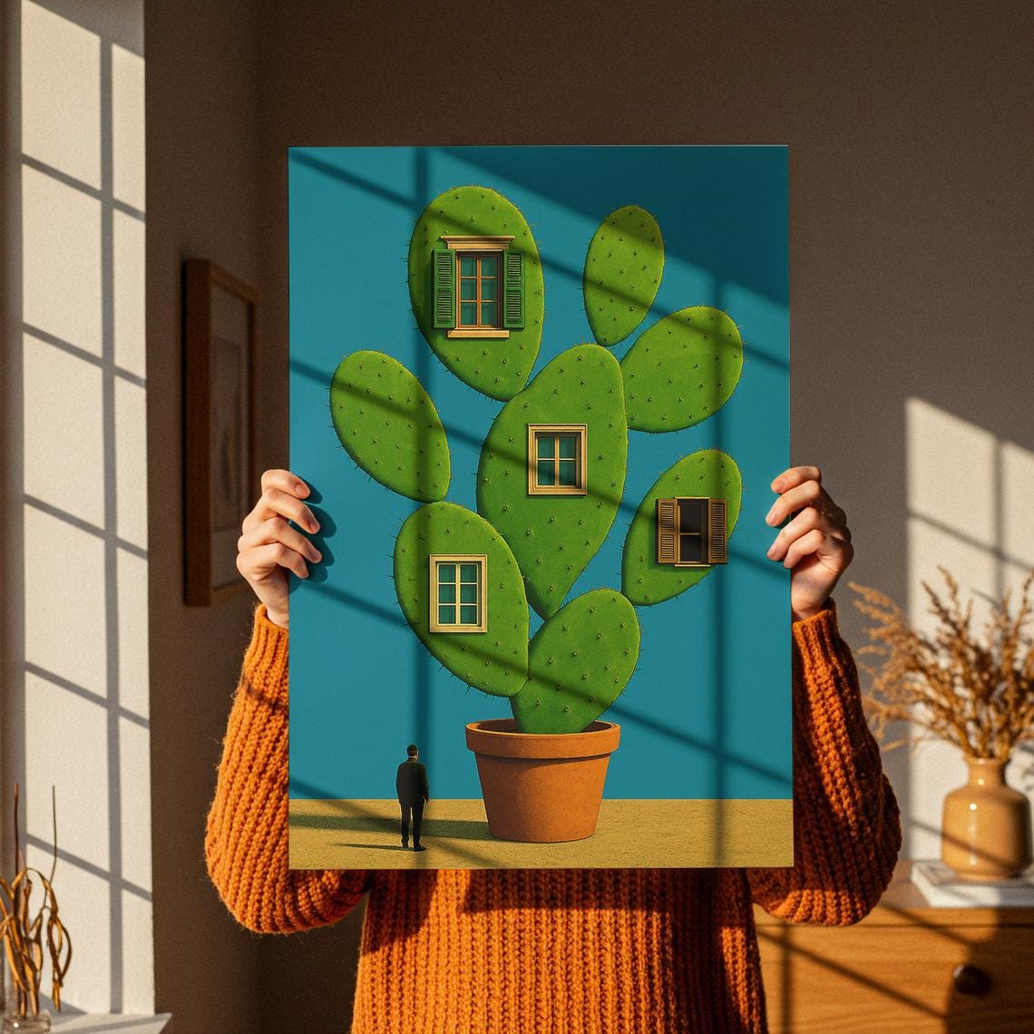 Whimsical Surreal Cactus House Prickly Pear Window Art Poster