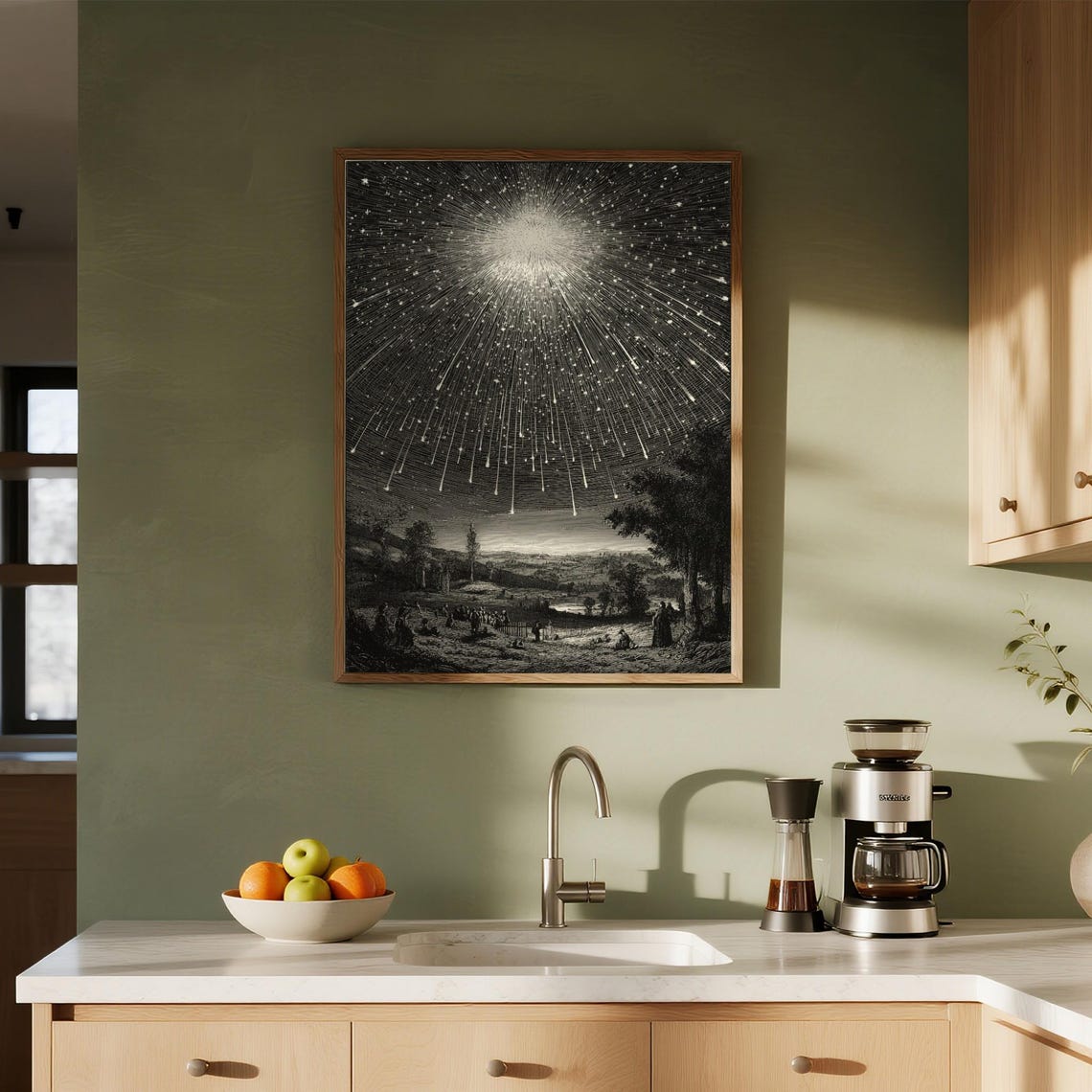 Vintage Engraving Meteor Shower Night Sky Over Landscape Poster