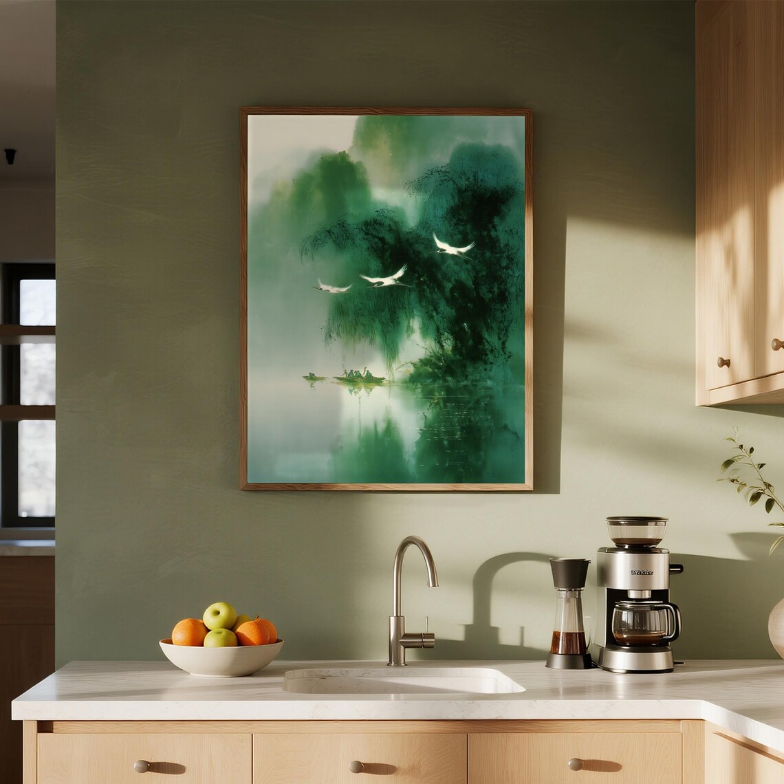 Misty Green Ink Wash Landscape With Cranes Flying Over Lake Poster