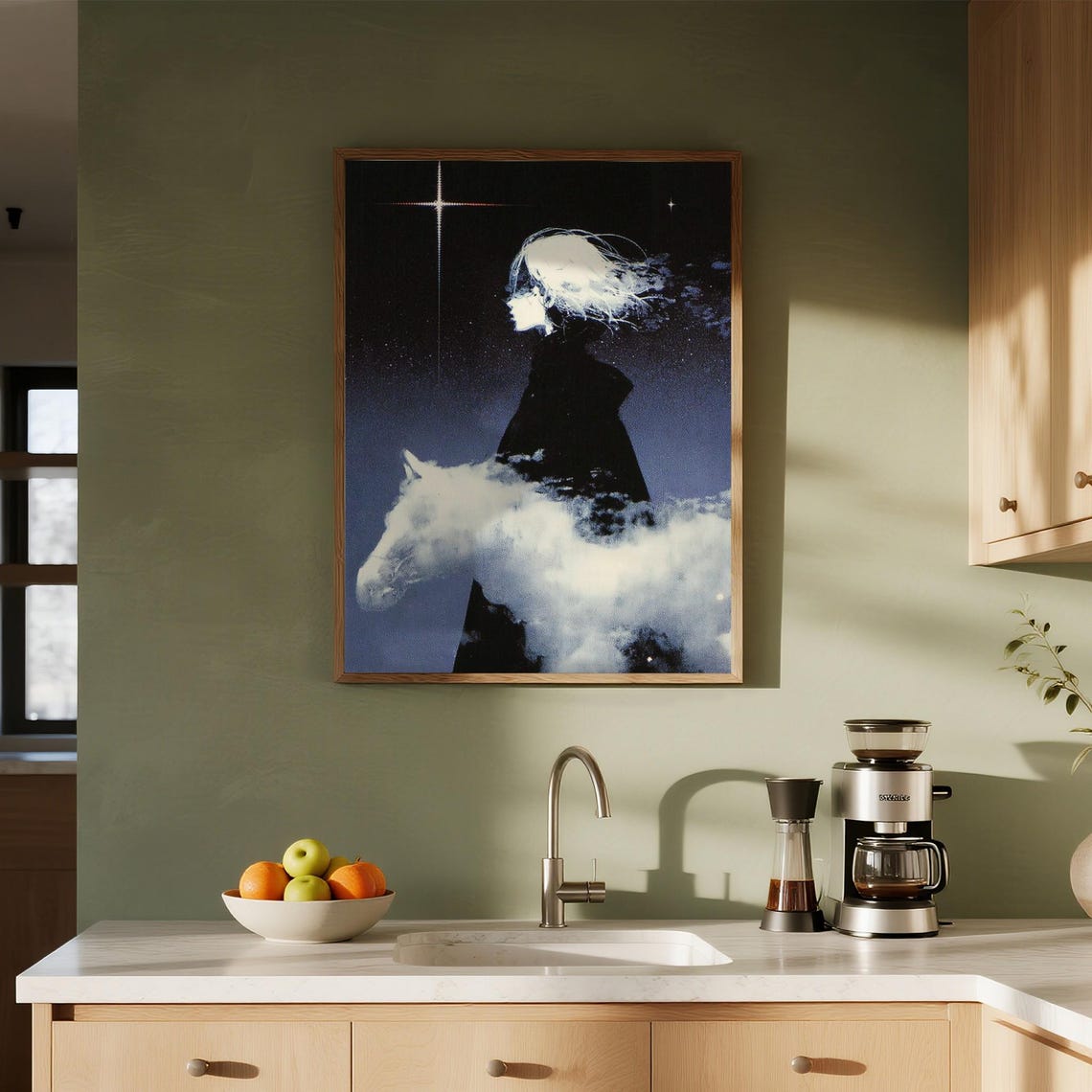 Surreal Cosmic Night Sky Woman Profile Cloud Wolf Starry Poster
