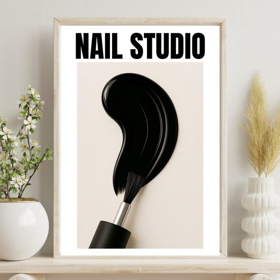 Nail Studio Black Polish Swirl Brush Minimalist Salon Poster