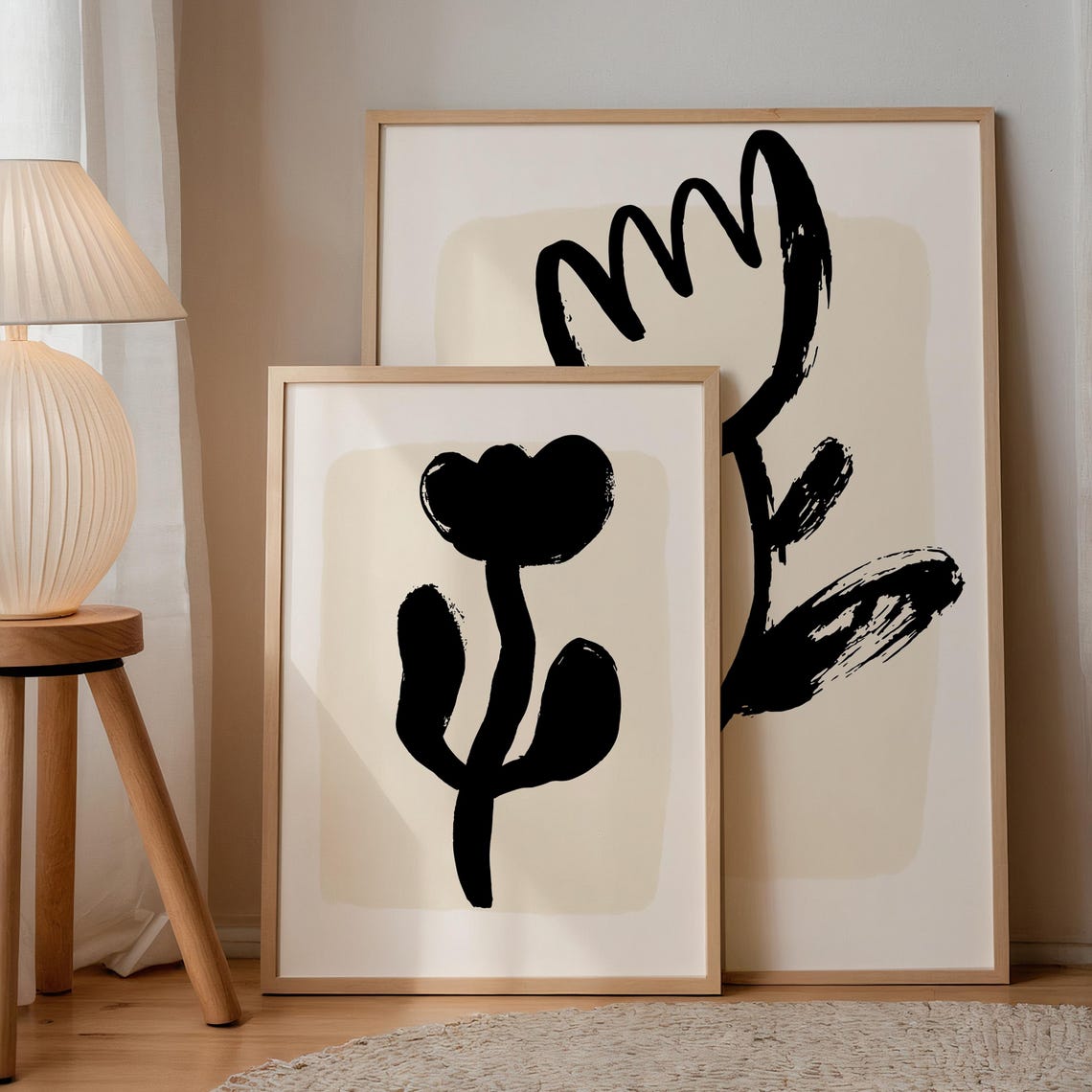 Black Abstract Tulip Ink Brushstroke Modern Botanical Wall Art Print