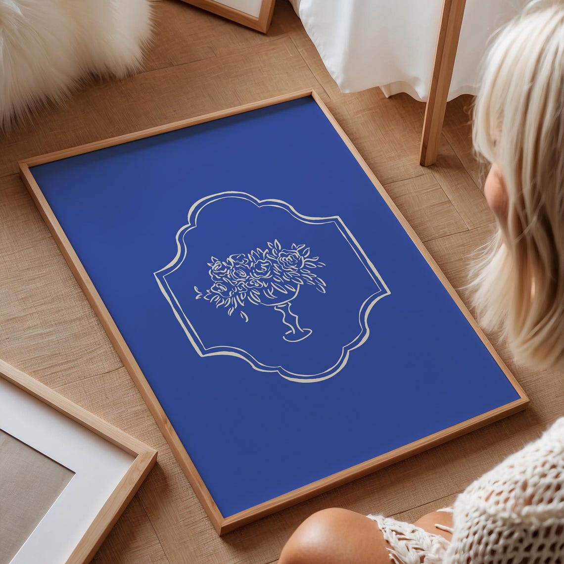 Cream Floral Urn Crest Line Art Cobalt Blue Bold Botanical Poster - Image 2