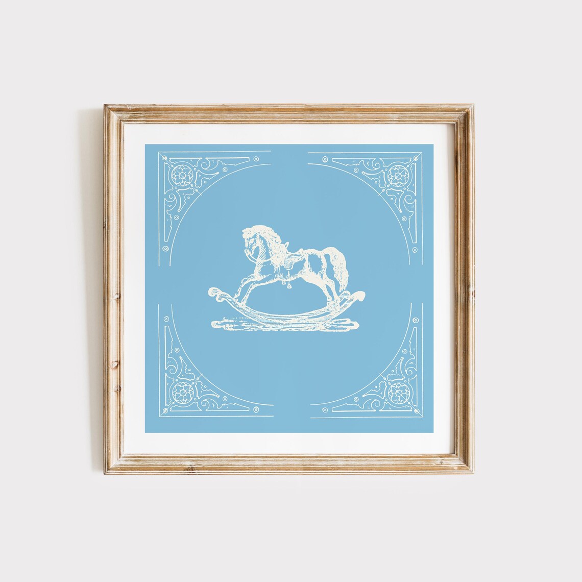 Baby Blue Vintage Rocking Horse Nursery Illustration Decor Poster