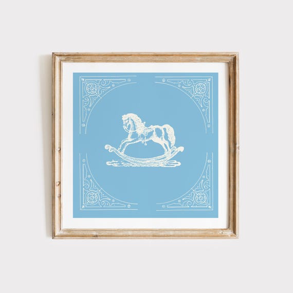 Baby Blue Vintage Rocking Horse Square Print Instant Wall Art Trendy Decor Illustration Living Room Art Nursery