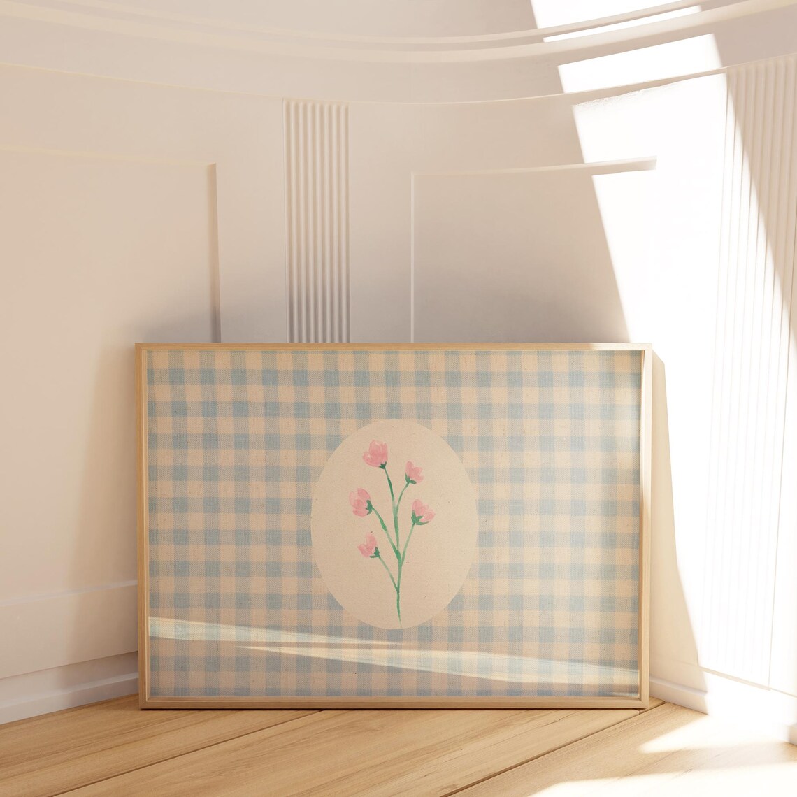 Blue Gingham Pink Floral Art Print, Cottage Core - Image 2