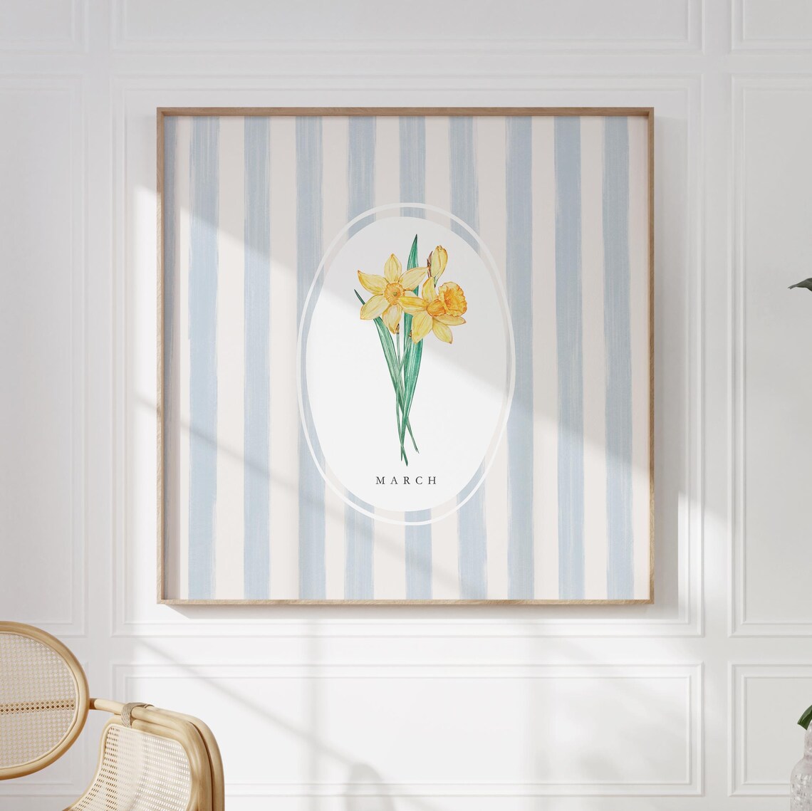 March Daffodil Birth Month Flower Blue Stripe Watercolor Botanical Poster - Image 3