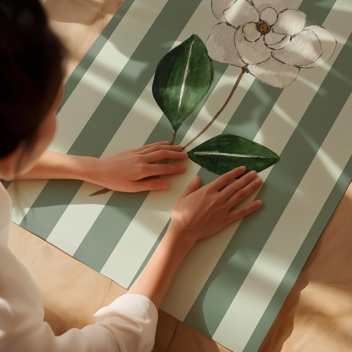 Sage Green Striped Magnolia Watercolor Poster Floral Wall Decor - Image 2