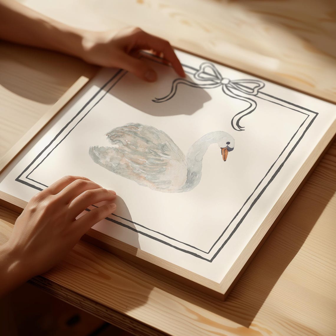 Dreamy Pastel Watercolor Swan with Hand Drawn Bow Frame Poster - Image 3