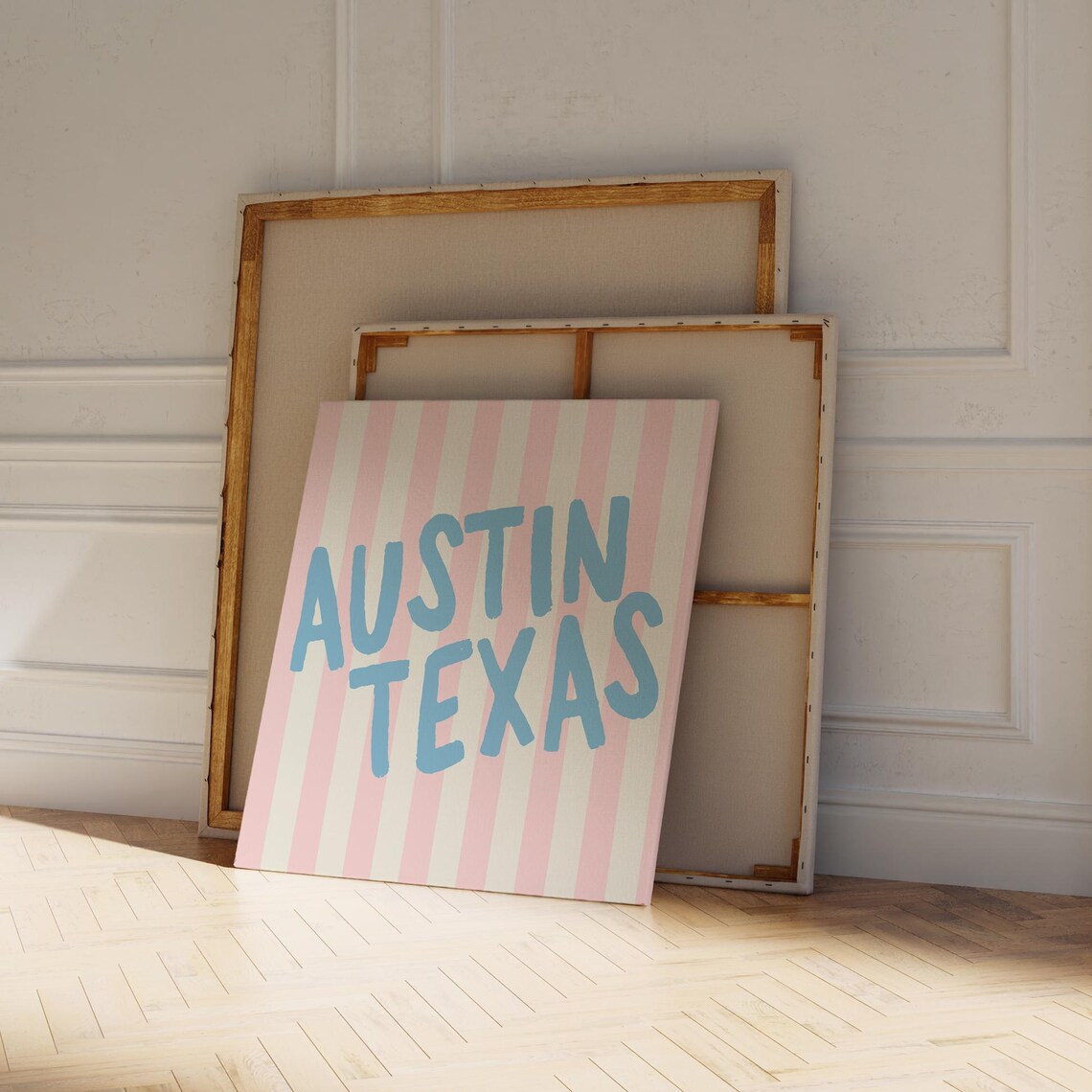 Austin Texas Blue Hand Lettered Pink Striped Square City Name Poster - Image 4