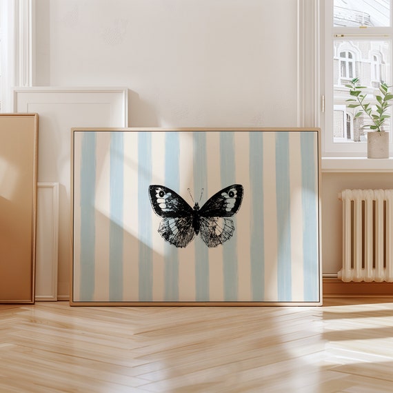Blue Striped Butterfly Print Wall Art Nursery Art Coastal Cottagecore Decor Wall Art Pavilion