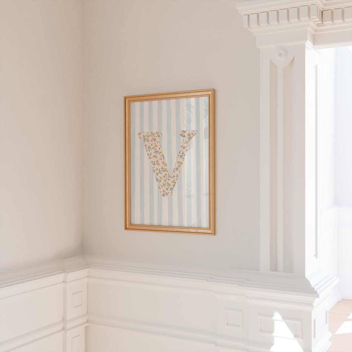 Floral Letter V Initial on Blue Striped Nursery Monogram Poster - Image 2