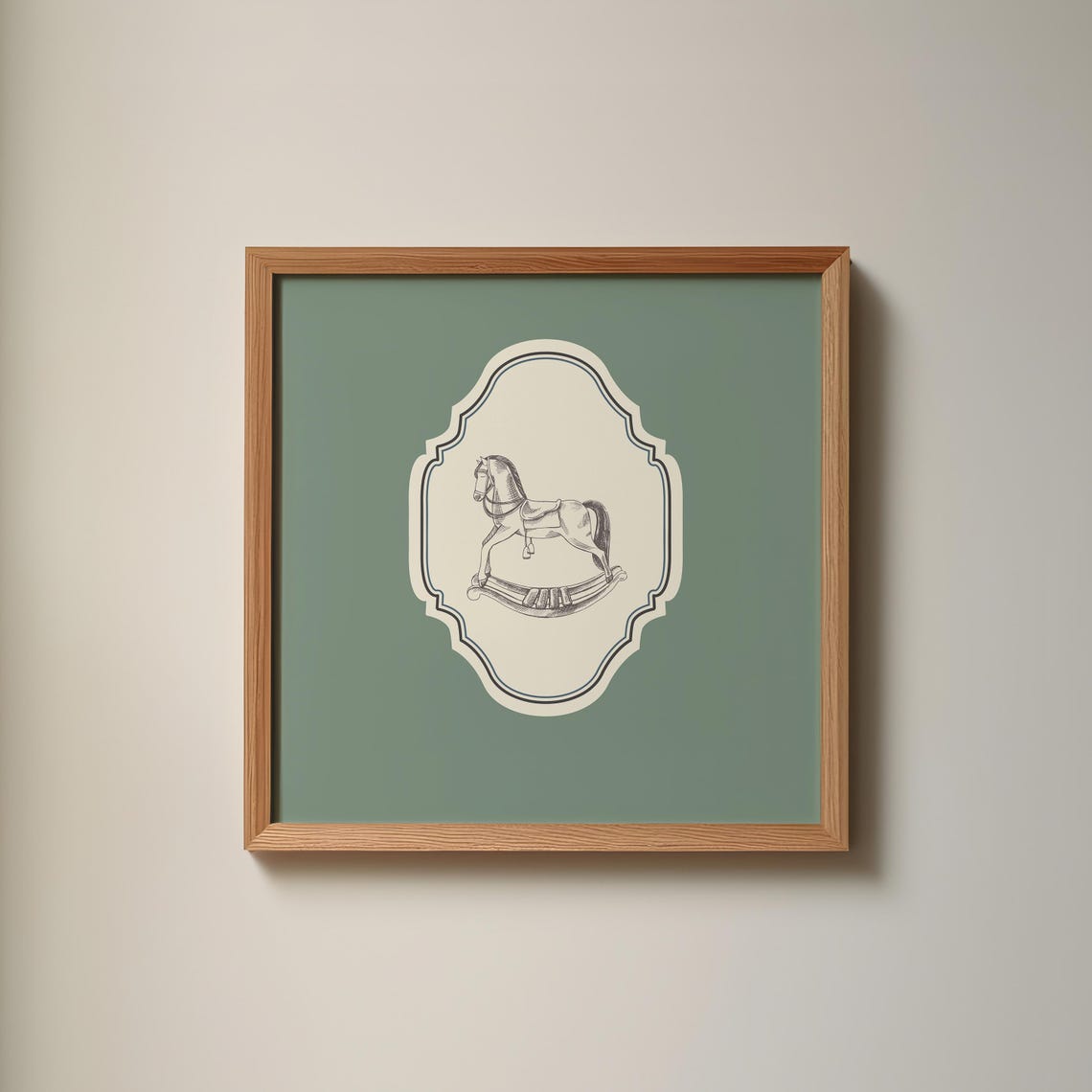 Vintage Rocking Horse Sage Green Ornate Square Nursery Poster