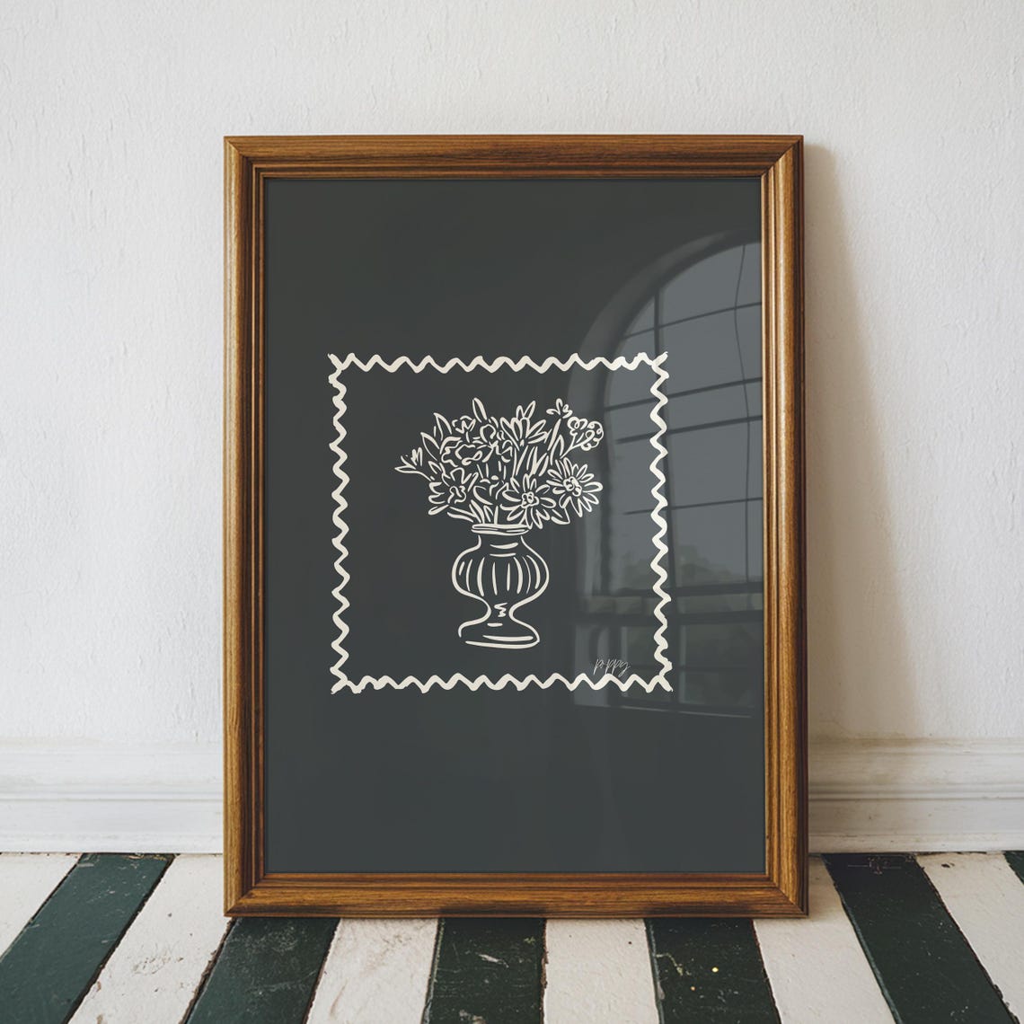 Cream Floral Urn Zigzag Border Charcoal Black Moody Botanical Poster - Image 2