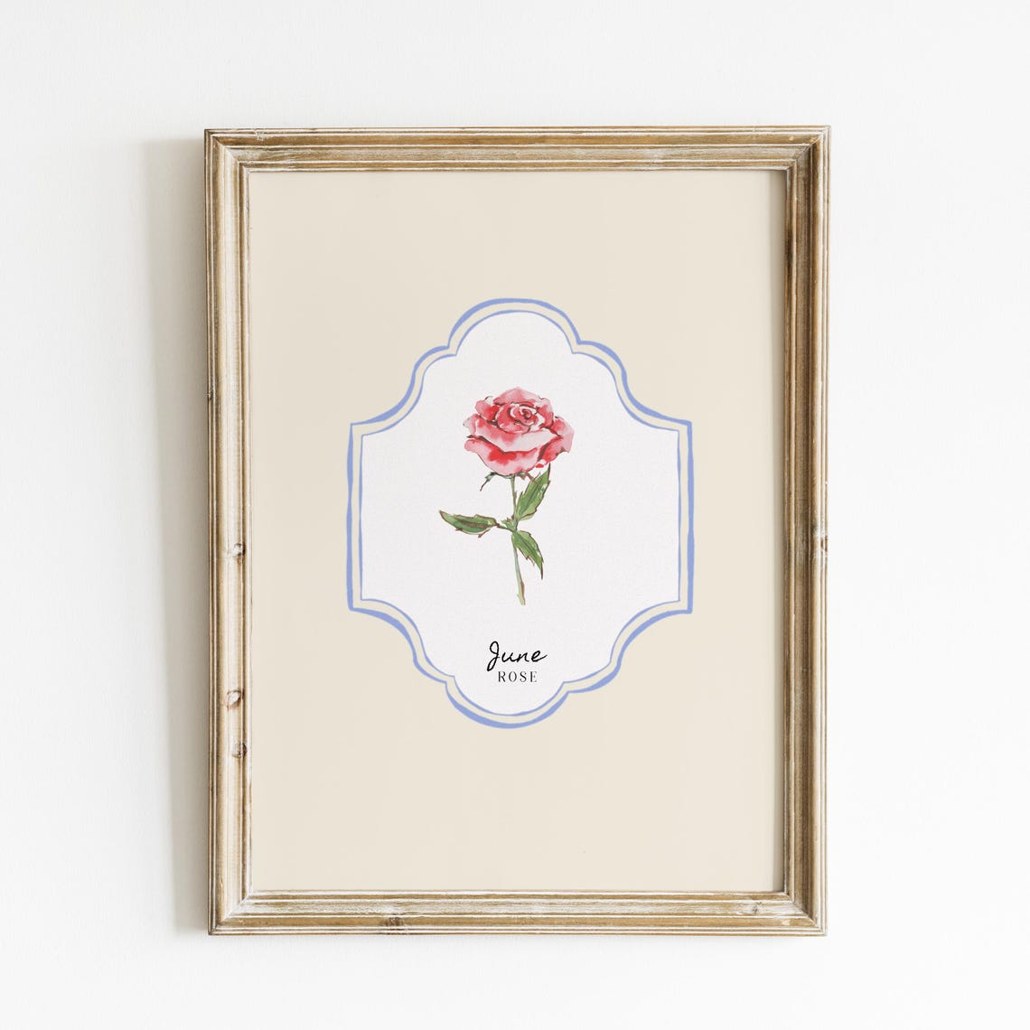 June Rose Birth Flower Single Stem Cream Botanical Vintage Art Print