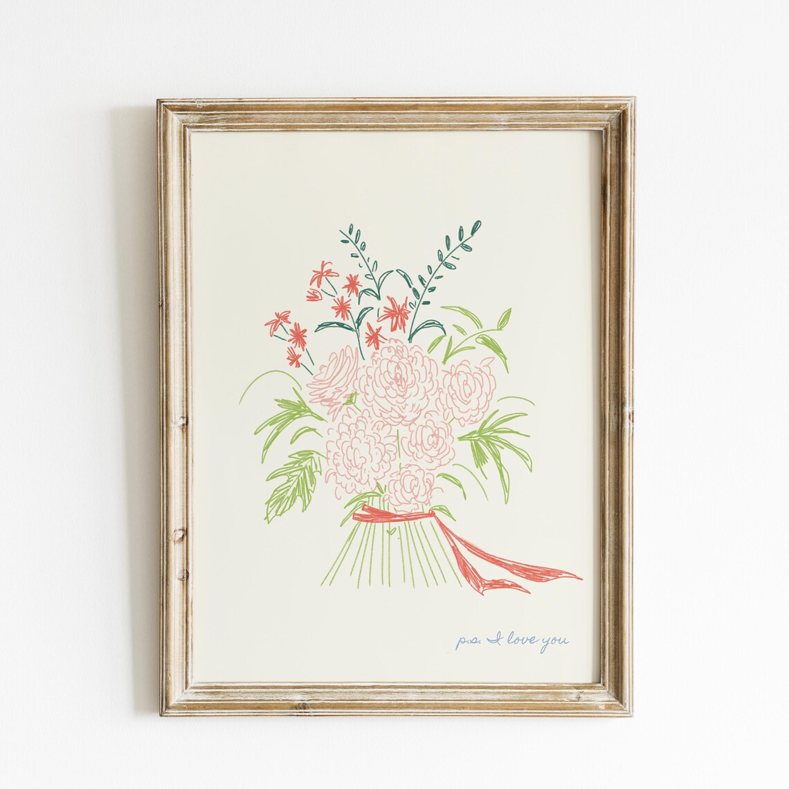 Pink Wildflower Bouquet P.S. I Love You Script Ribbon Wall Art Print - Image 4