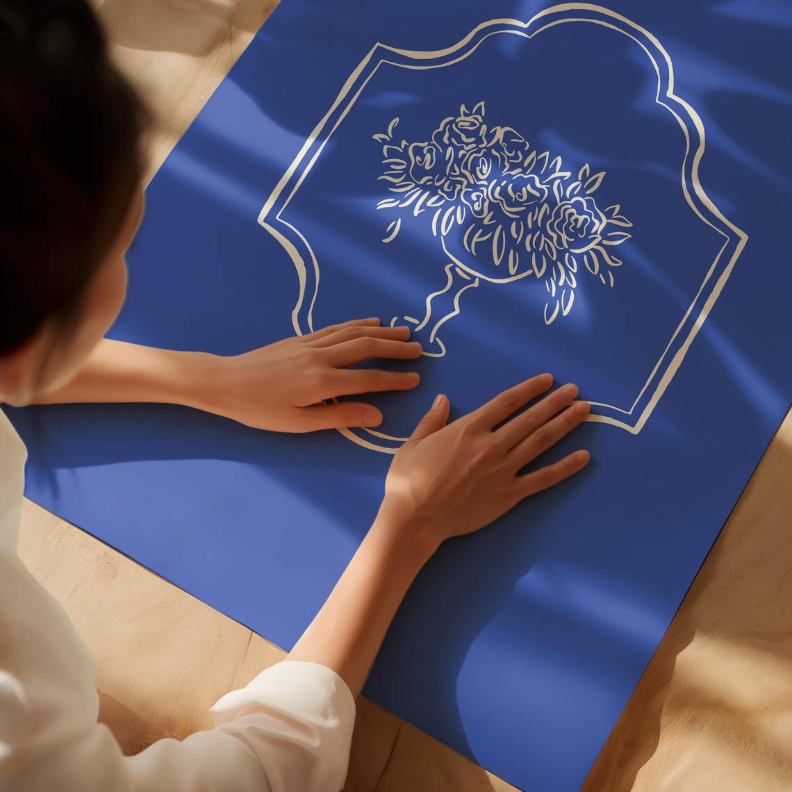 Cream Floral Urn Crest Line Art Cobalt Blue Bold Botanical Poster - Image 3