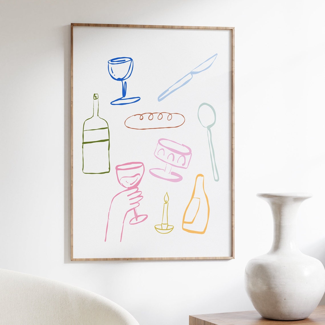 Colorful Thin Line Dinner Party Wine Tableware Illustration Art Print - Image 2