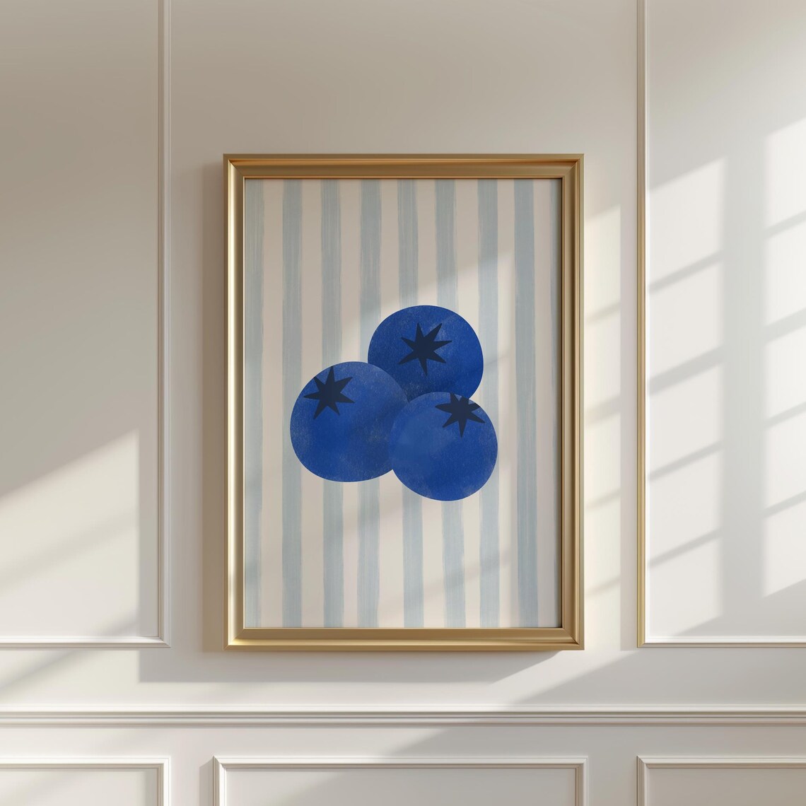 Blue Striped Berry Floral Art Print, Vintage Cottage