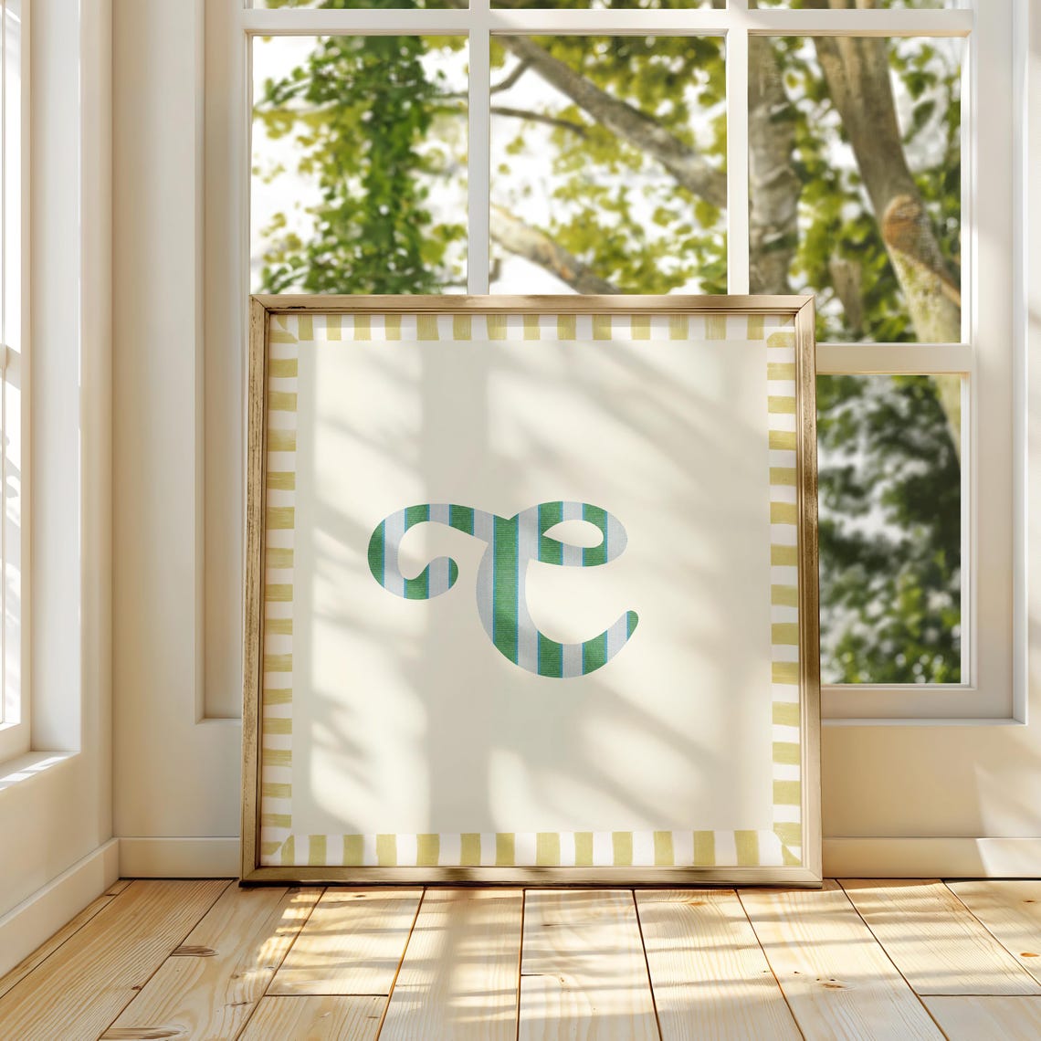 Swash Letter C Green Blue Striped Monogram Cream Framed Art Print - Image 3