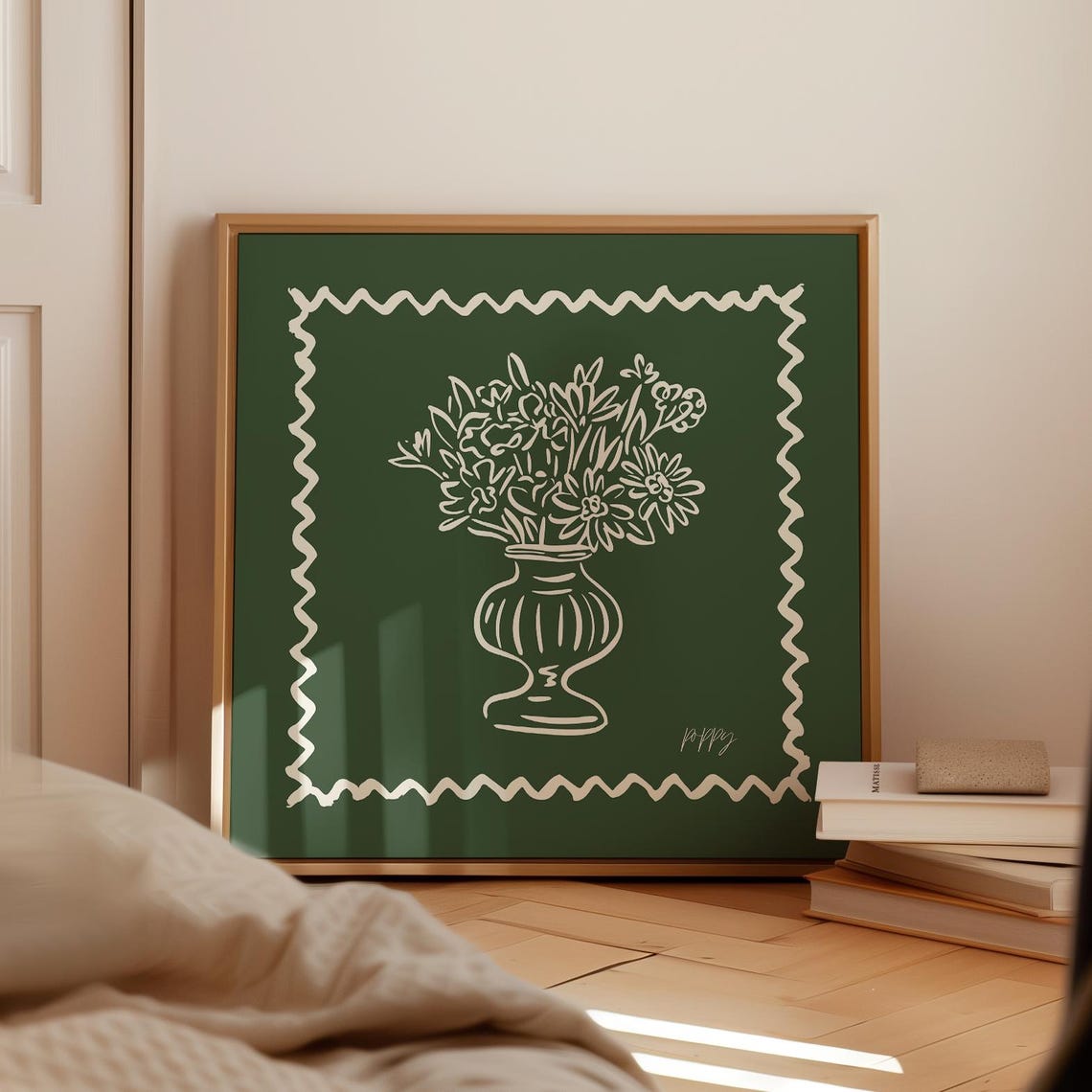 Forest Green Background Cream Line Wildflowers Vase Modern Wall Poster