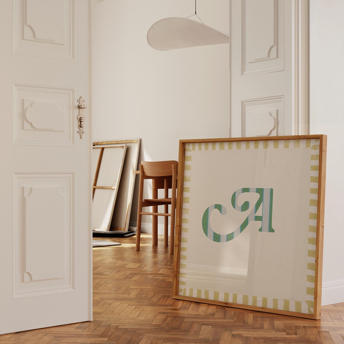 Swash Letter A Green Blue Striped Monogram Cream Framed Art Print - Image 5