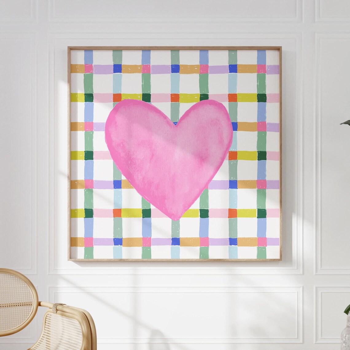 Big Pink Watercolor Heart Colorful Check Plaid Kids Room Wall Art - Image 4