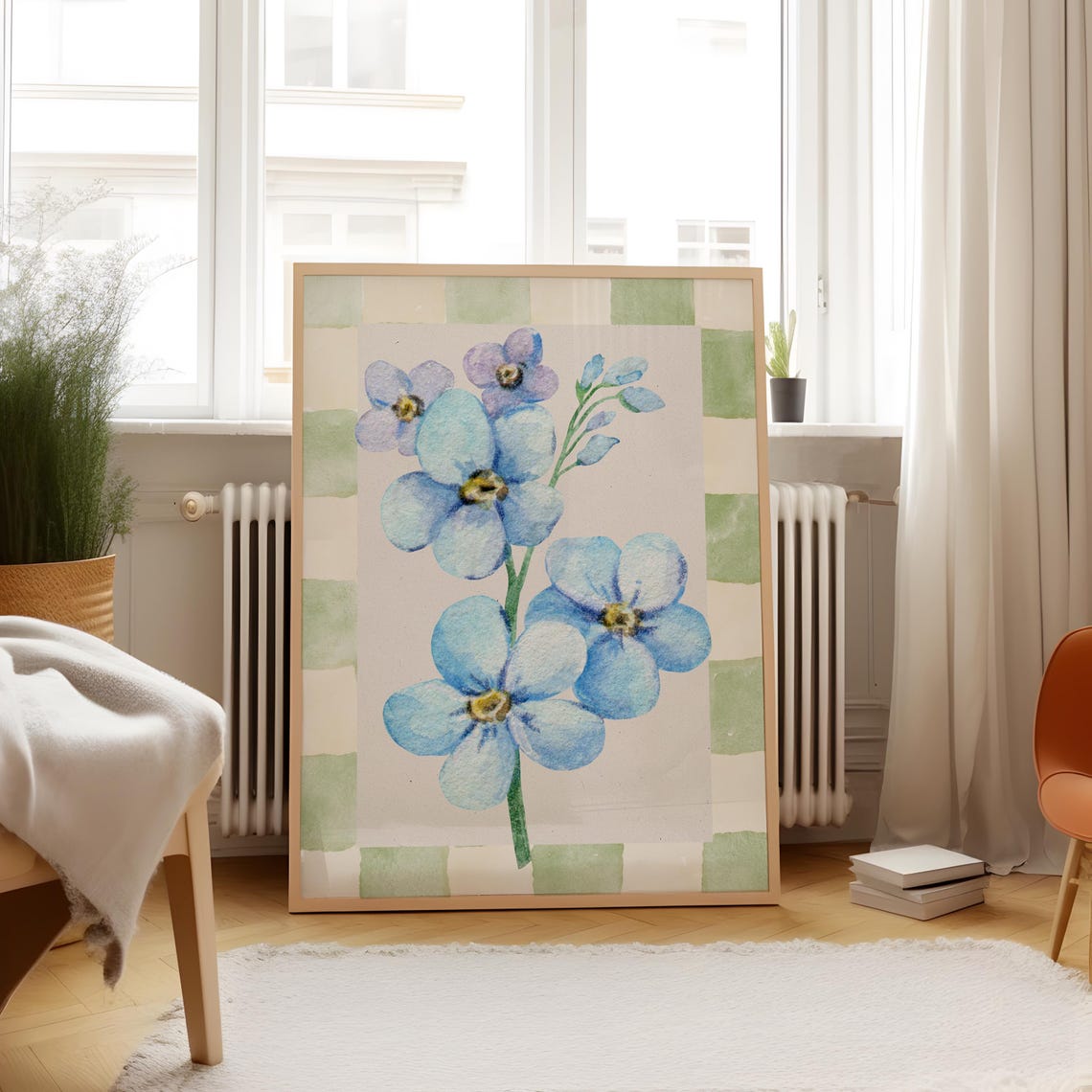 Blue Forget Me Not Watercolor Checkerboard Floral Garden Poster - Image 3