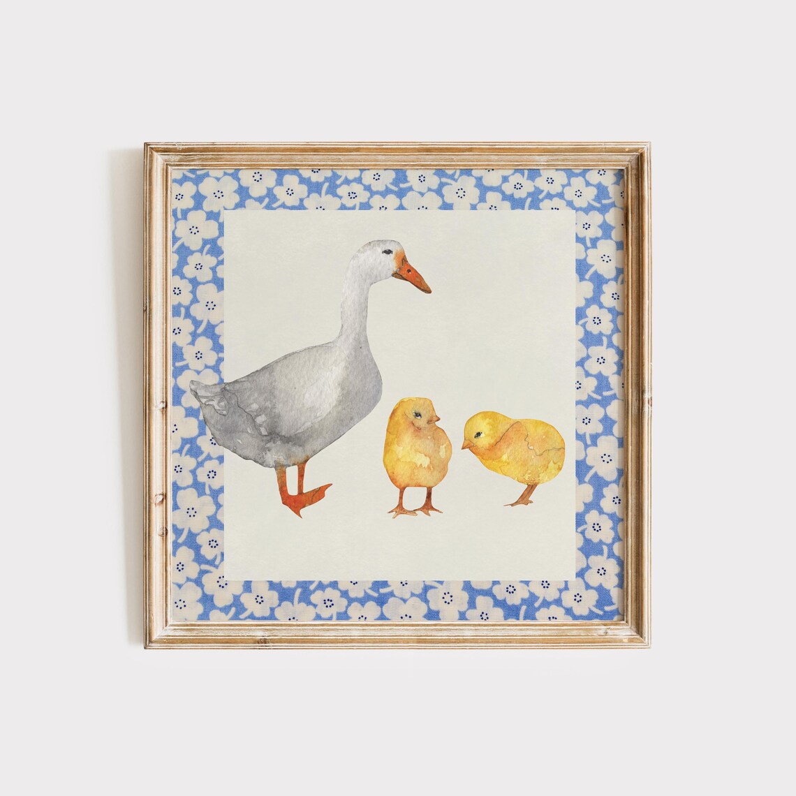 Grey Goose and Yellow Chicks Watercolor Floral Border Nursery Poster