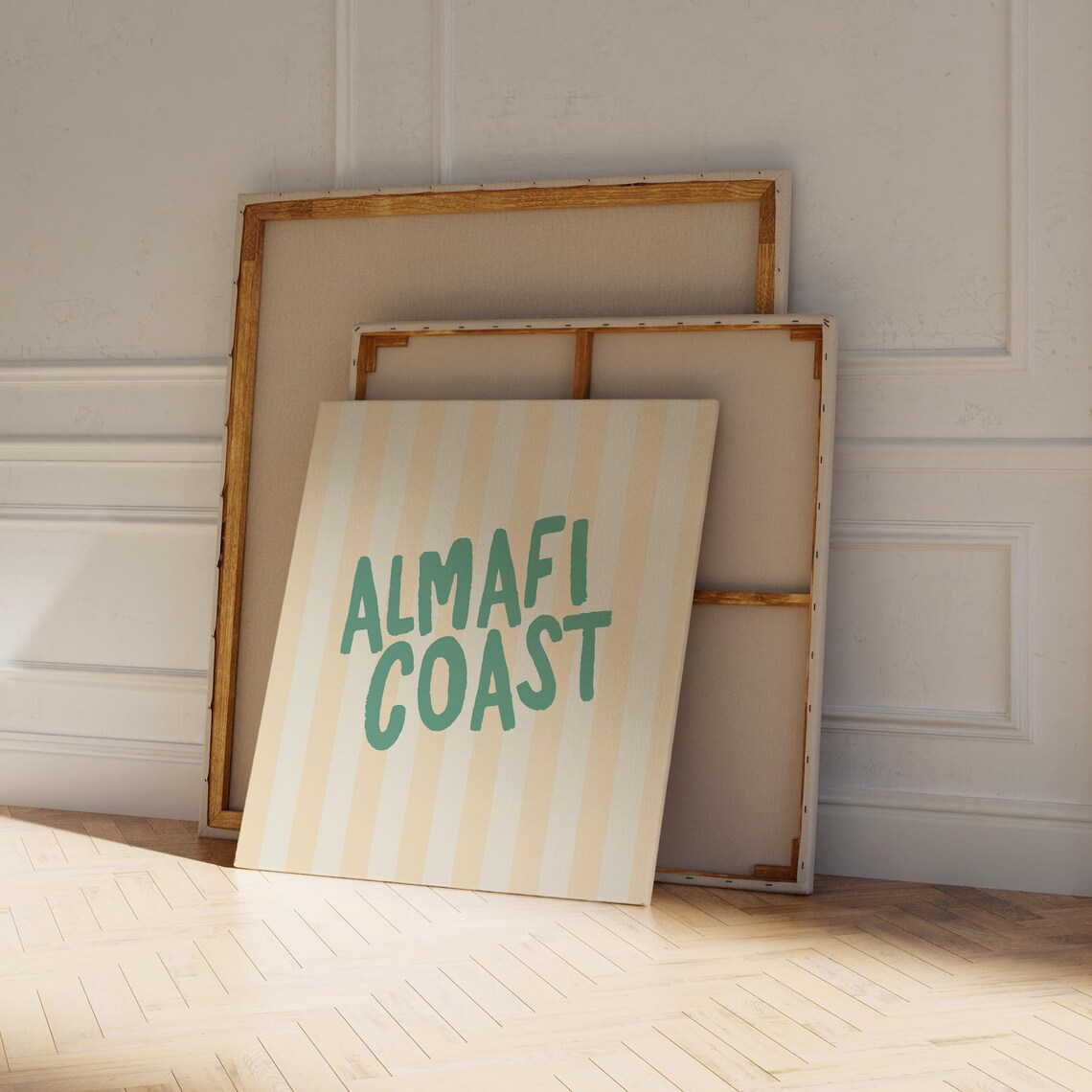 Almafi Coast Green Bold Letters Cream Striped Coastal Decor Wall Art - Image 3