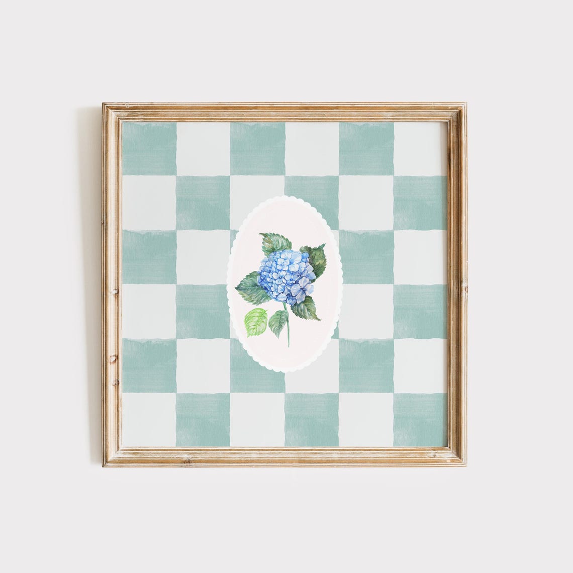 Blue Hydrangea Oval Bloom on Teal Gingham Check Floral Print - Image 2