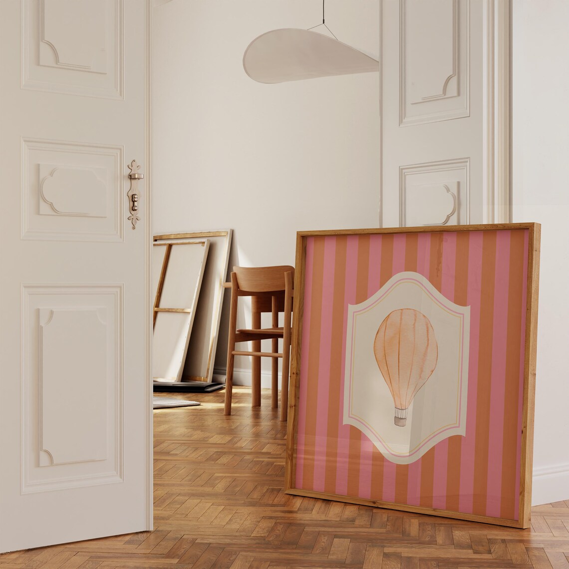 Peach Hot Air Balloon Watercolor Pink Striped Nursery Wall Art Print - Image 2