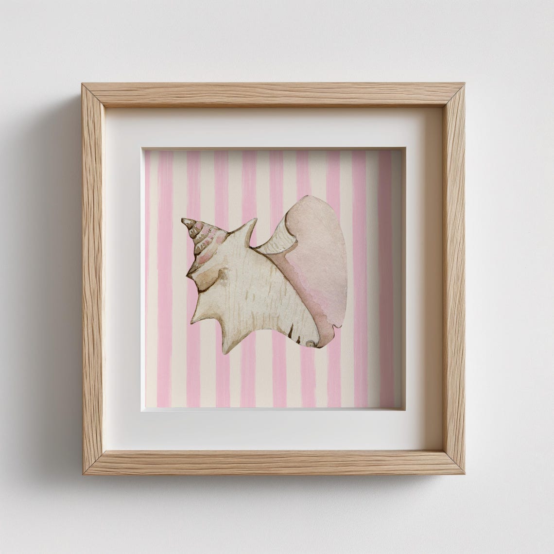 Blush Pink Conch Shell Striped Background Coastal Watercolor Poster - Image 2
