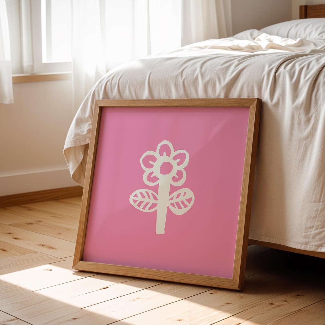 Pink Floral Doodle White Flower Square Minimal Nursery Wall Art Poster - Image 4