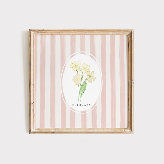 February Primrose Birth Month Flower Pink Stripe Watercolor Botanical Poster