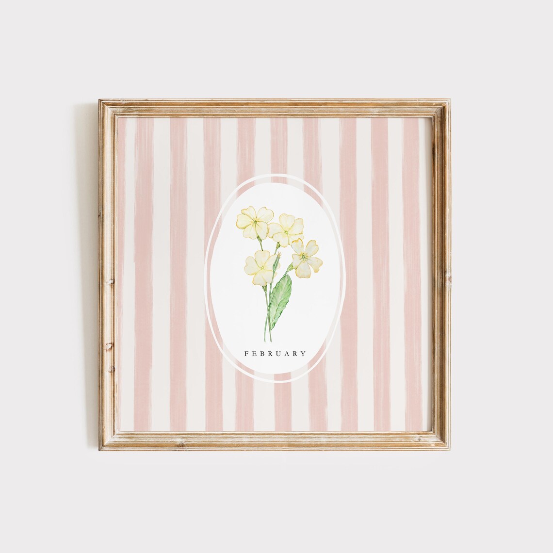 February Primrose Birth Month Flower Pink Stripe Watercolor Botanical Poster