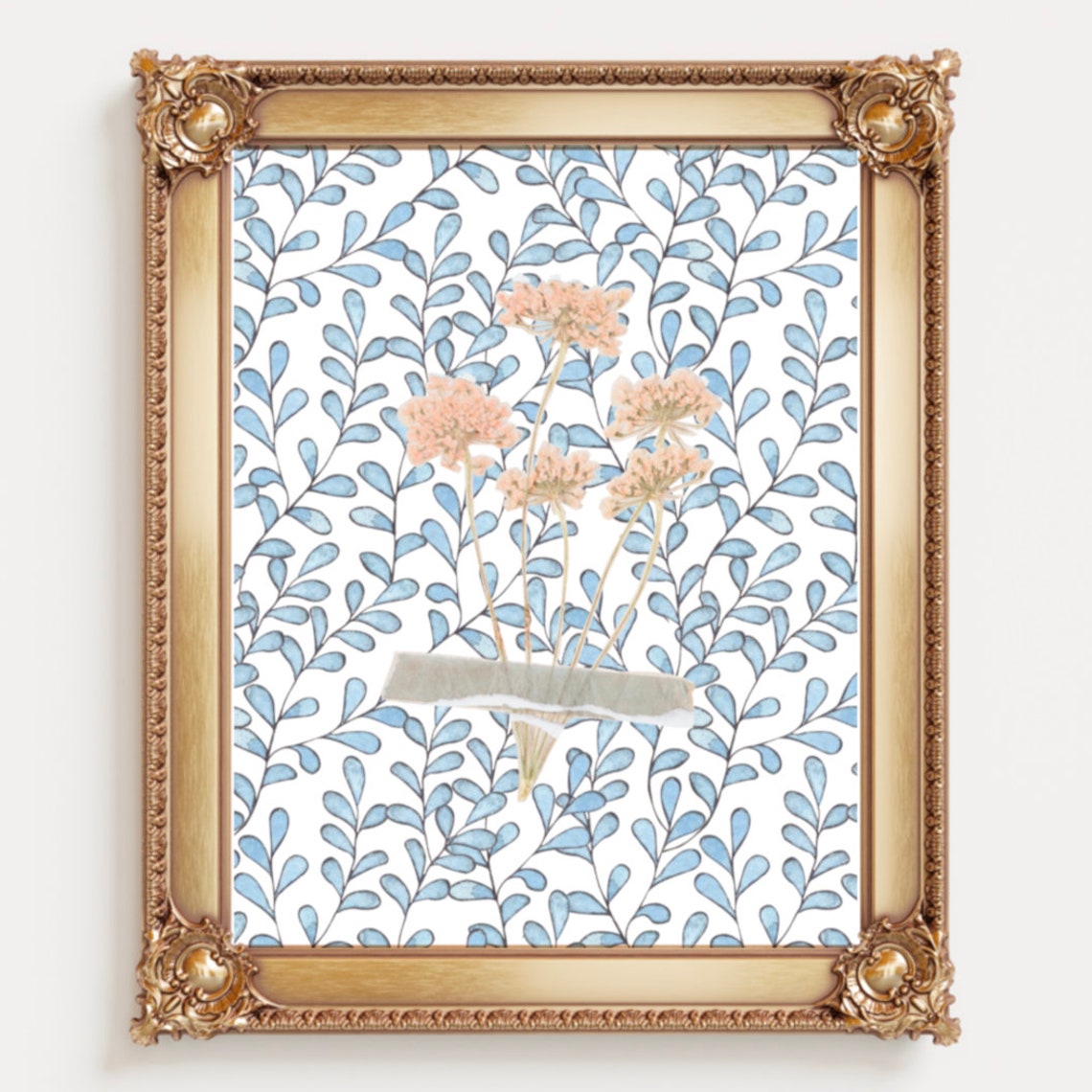 Blue Leaf Vine Pattern With Taped Blush Floral Collage Poster - Image 2