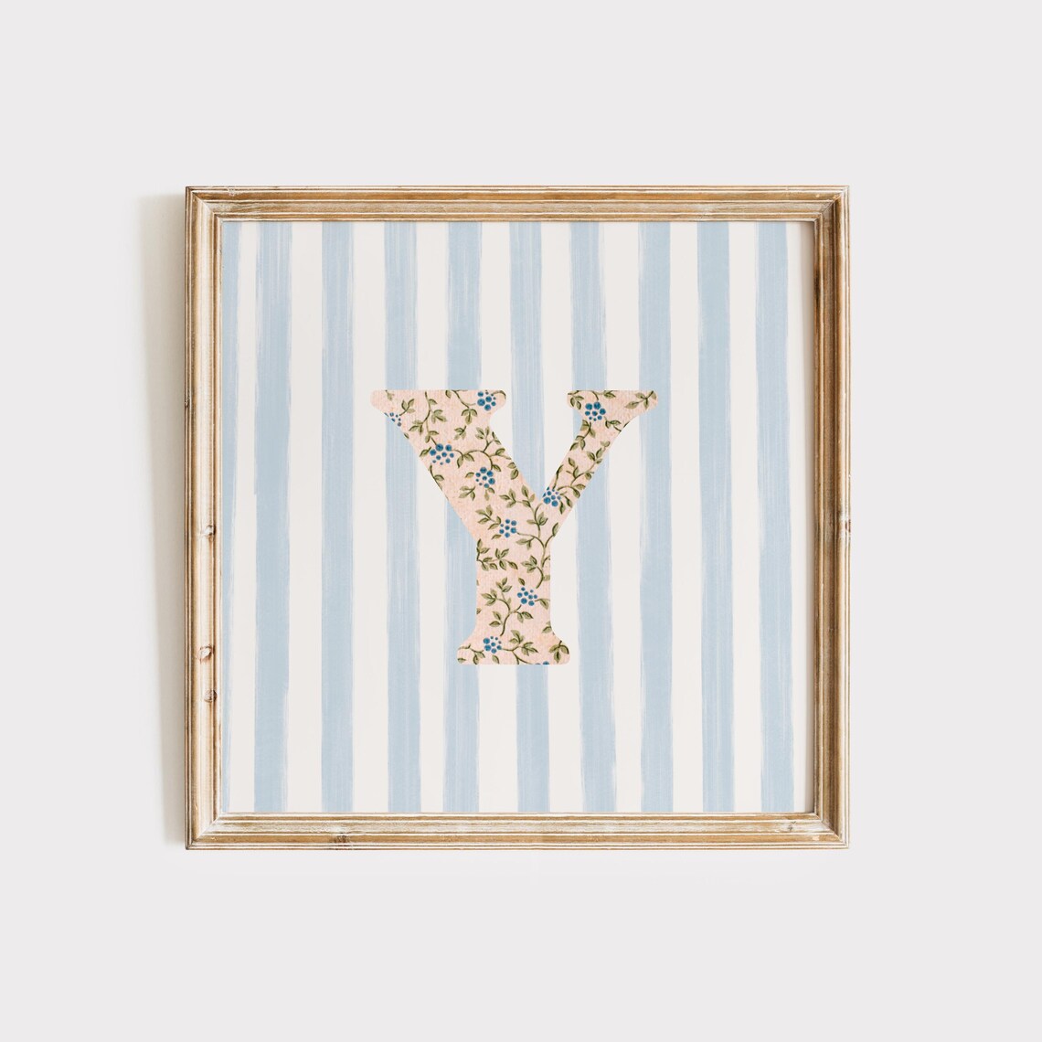 Floral Chintz Letter Y Monogram Initial Blue Striped Wall Poster - Image 2