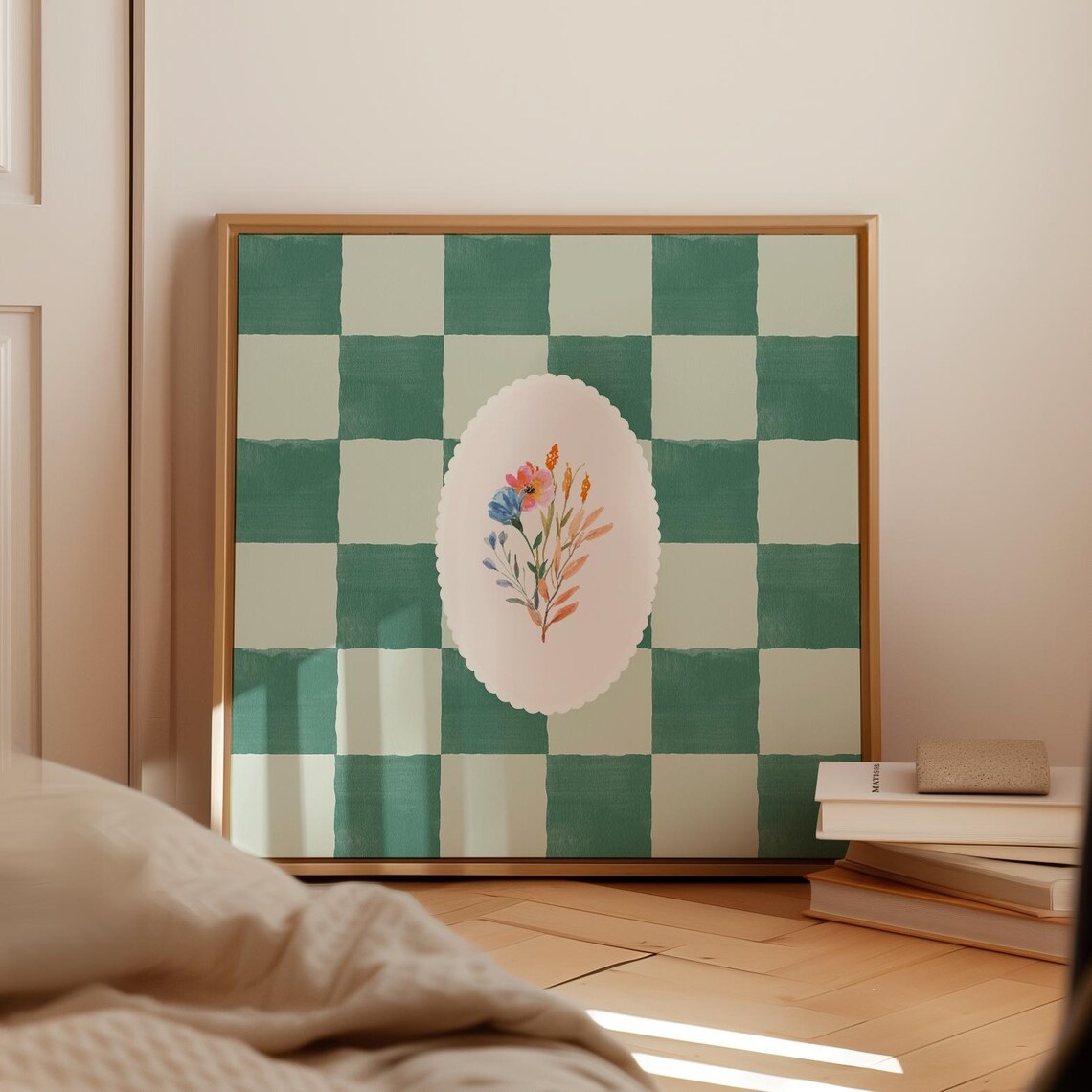 Green Checkered Wildflower Square Art Print