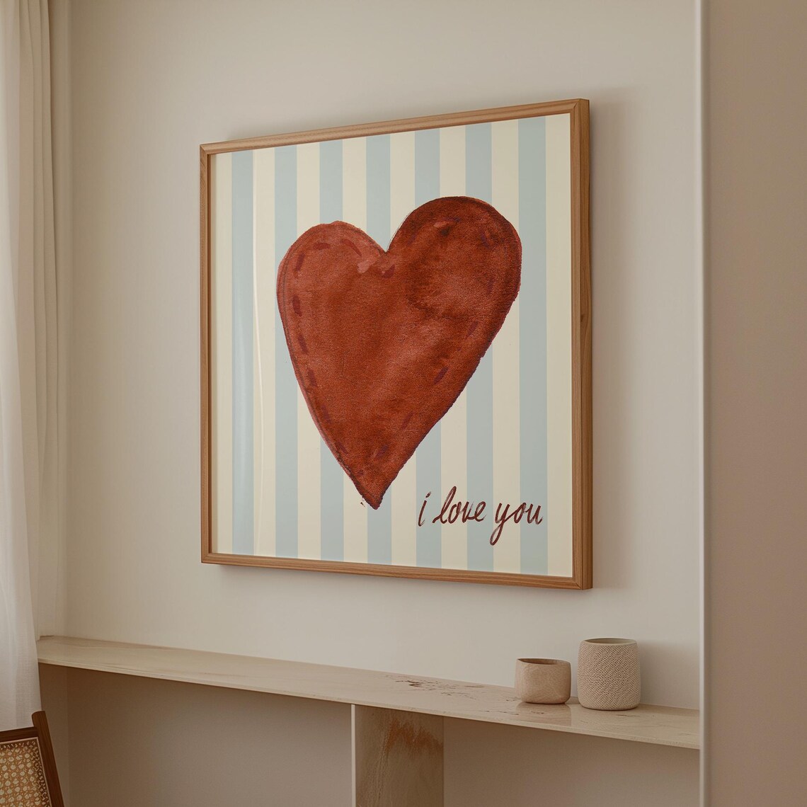 Chocolate Brown Watercolor Heart I Love You Striped Wall Art Print - Image 5