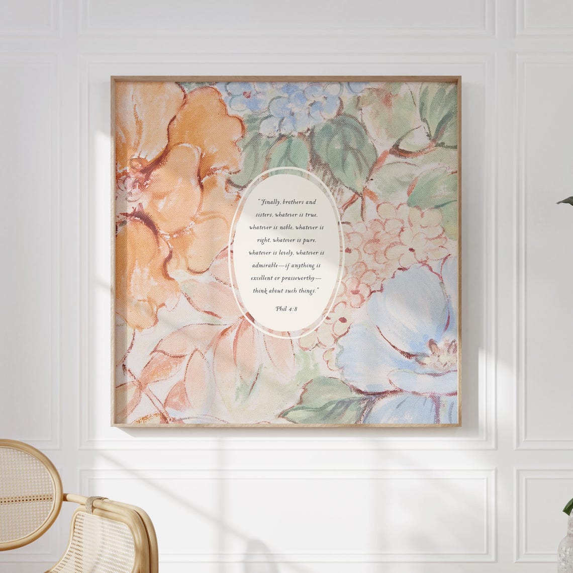 Philippians 4:8 Floral Watercolor Scripture Art Peach Hydrangea Poster - Image 2